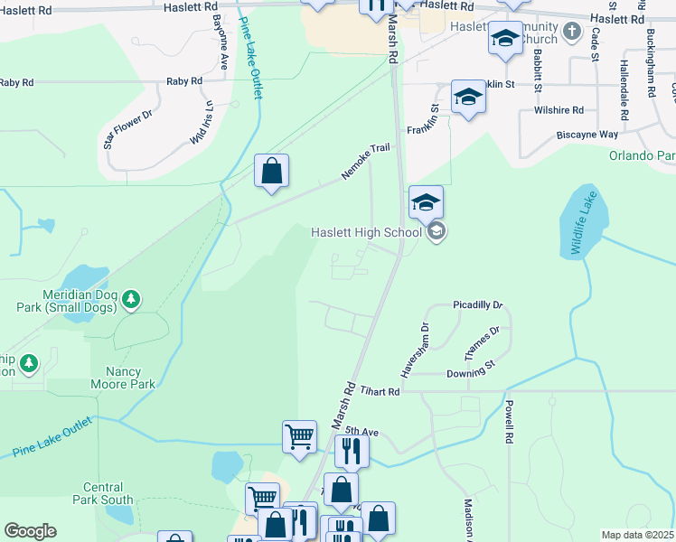 map of restaurants, bars, coffee shops, grocery stores, and more near 1727 Maple Ridge Road in Meridian charter Township