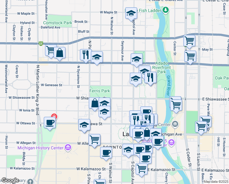 map of restaurants, bars, coffee shops, grocery stores, and more near 422 North Walnut Street in Lansing