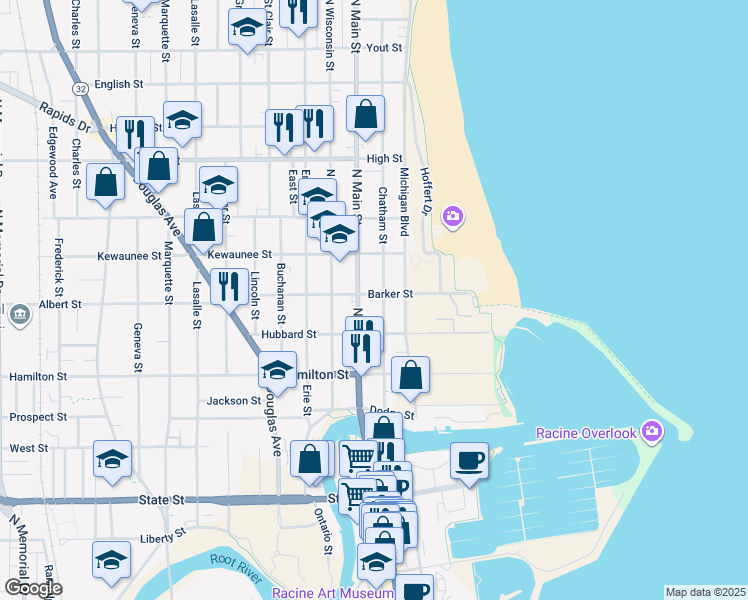 map of restaurants, bars, coffee shops, grocery stores, and more near 1335 North Main Street in Racine