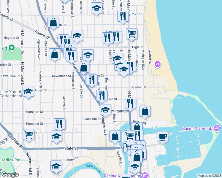 map of restaurants, bars, coffee shops, grocery stores, and more near 609 Barker Street in Racine