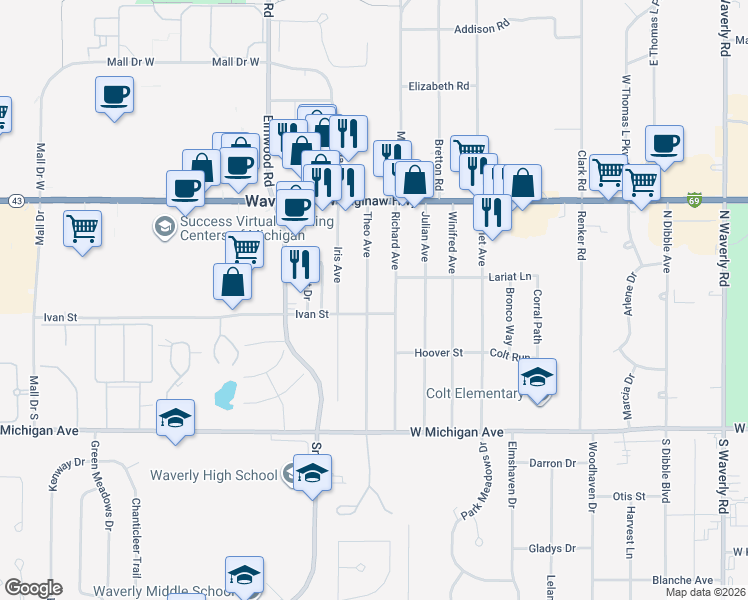 map of restaurants, bars, coffee shops, grocery stores, and more near 414 Theo Avenue in Lansing