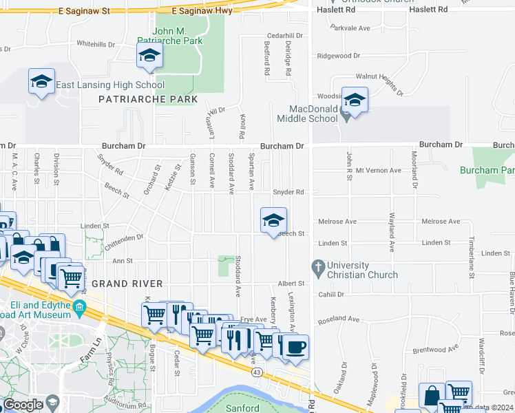 map of restaurants, bars, coffee shops, grocery stores, and more near 568 Spartan Avenue in East Lansing