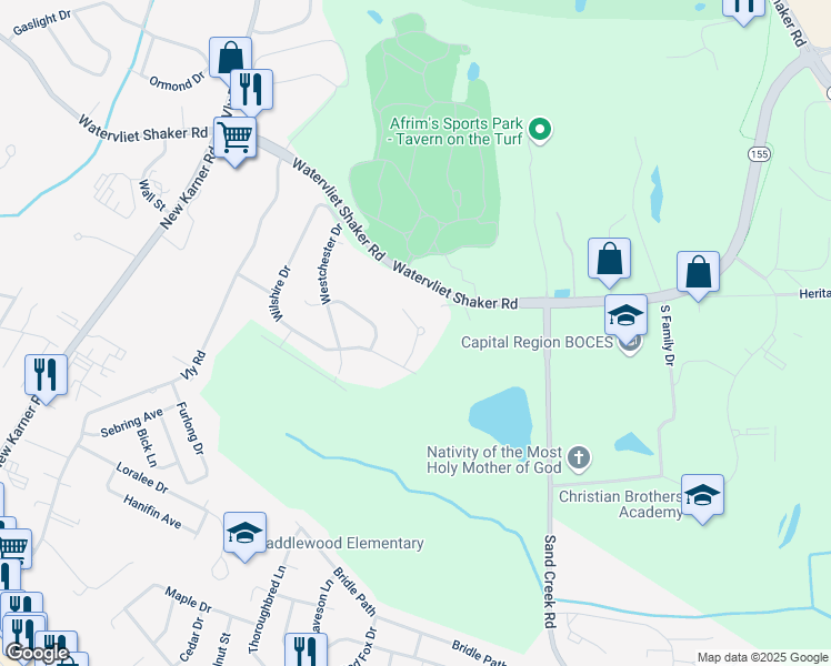 map of restaurants, bars, coffee shops, grocery stores, and more near 8 Noble Path in Albany