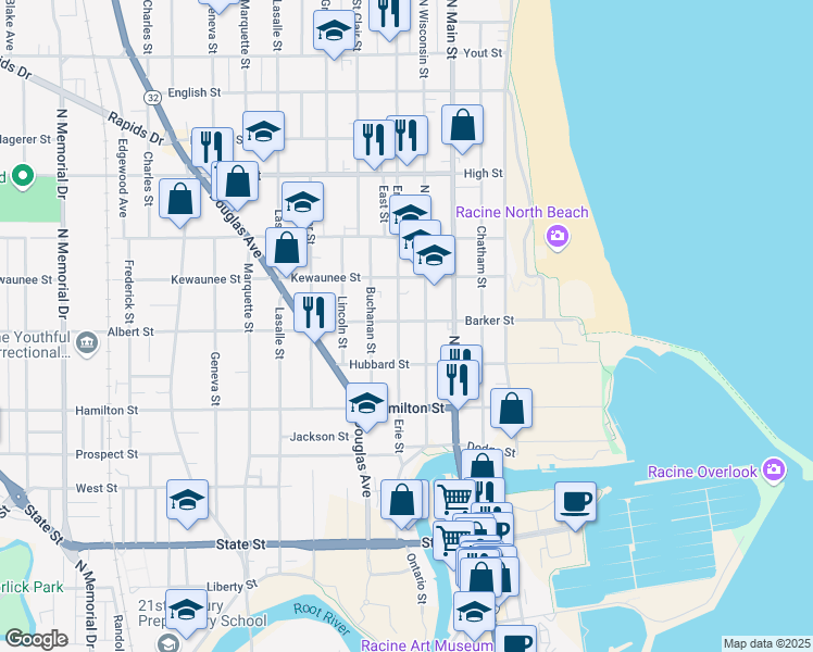 map of restaurants, bars, coffee shops, grocery stores, and more near 1337 Erie Street in Racine