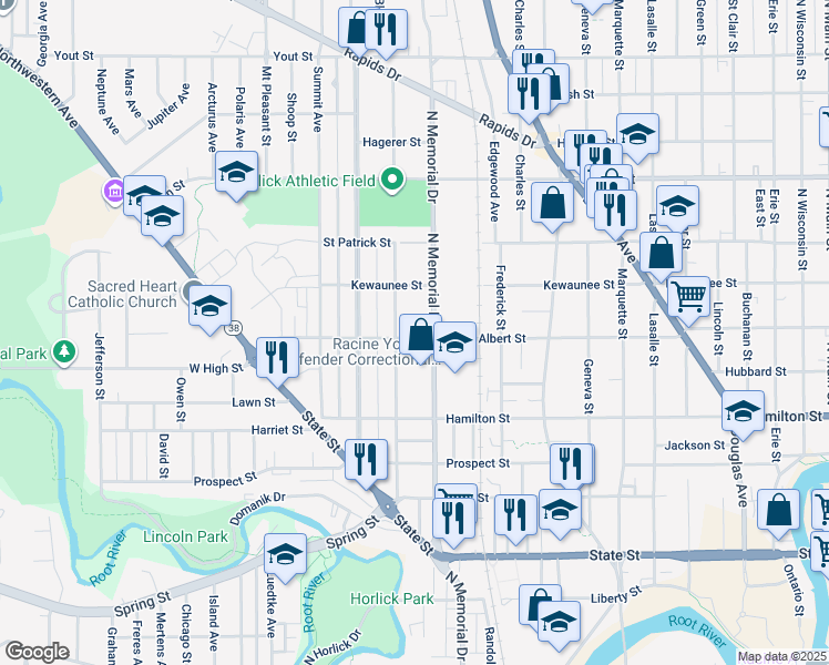 map of restaurants, bars, coffee shops, grocery stores, and more near 1618 Albert Street in Racine
