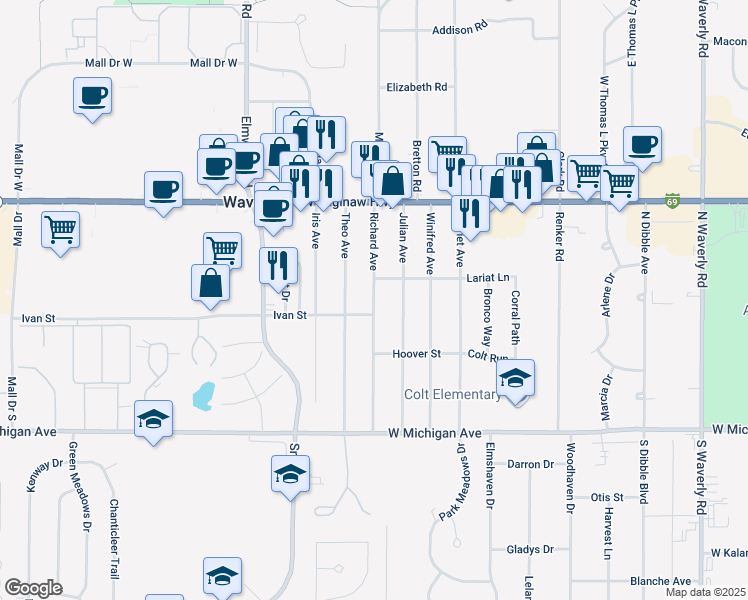map of restaurants, bars, coffee shops, grocery stores, and more near 412 Richard Avenue in Lansing