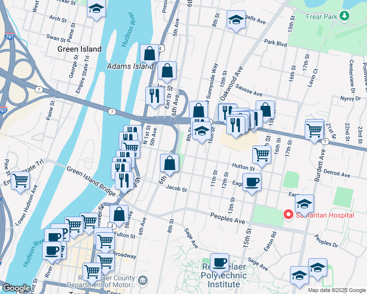 map of restaurants, bars, coffee shops, grocery stores, and more near 279 8th Street in Troy
