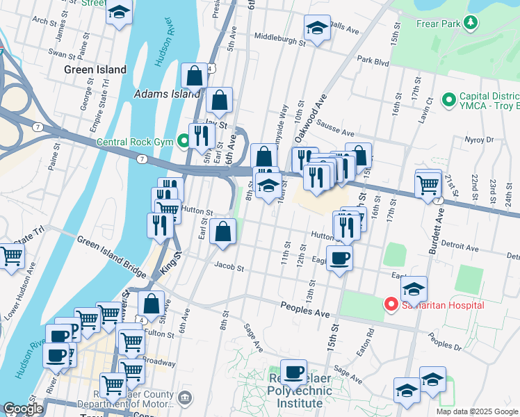 map of restaurants, bars, coffee shops, grocery stores, and more near 179 9th Street in Troy
