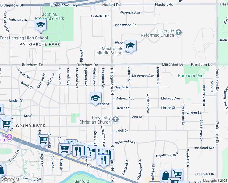 map of restaurants, bars, coffee shops, grocery stores, and more near 556 North Hagadorn Road in East Lansing