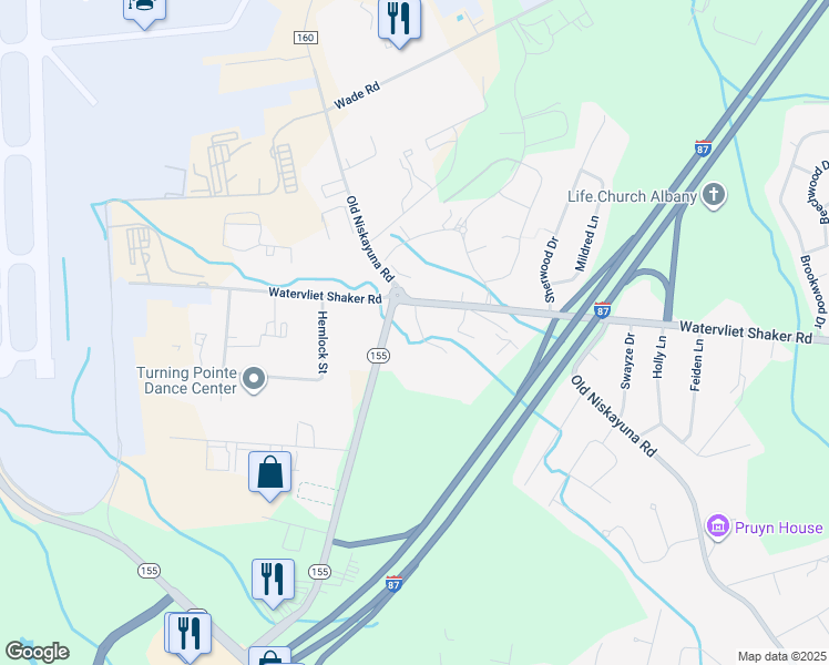 map of restaurants, bars, coffee shops, grocery stores, and more near 329 Wolf Road in Latham