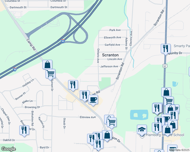 map of restaurants, bars, coffee shops, grocery stores, and more near 3939 Monroe Ave in Hamburg