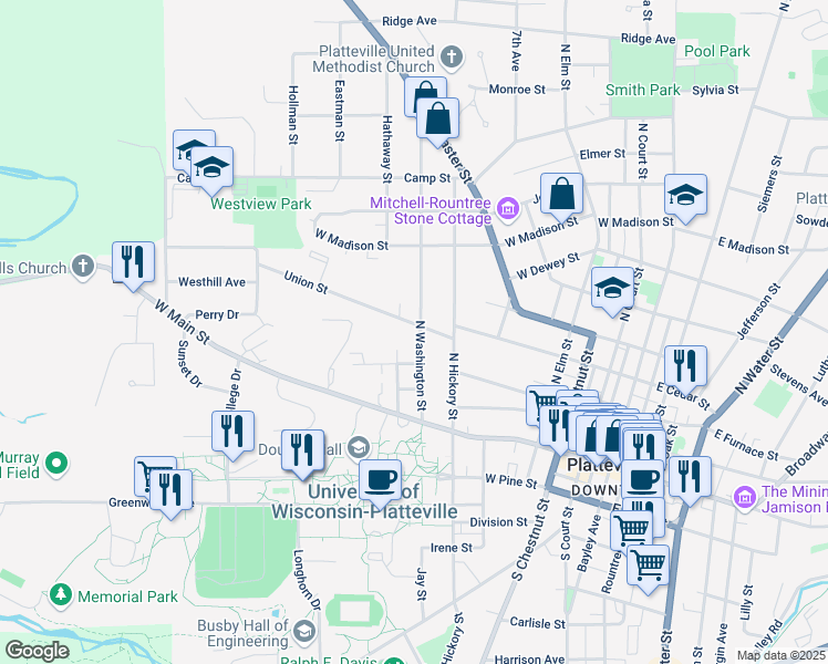map of restaurants, bars, coffee shops, grocery stores, and more near 715 Union Street in Platteville