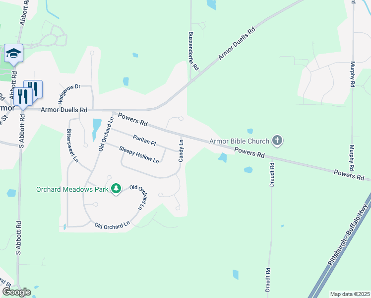 map of restaurants, bars, coffee shops, grocery stores, and more near 5 Candy Ln in Orchard Park