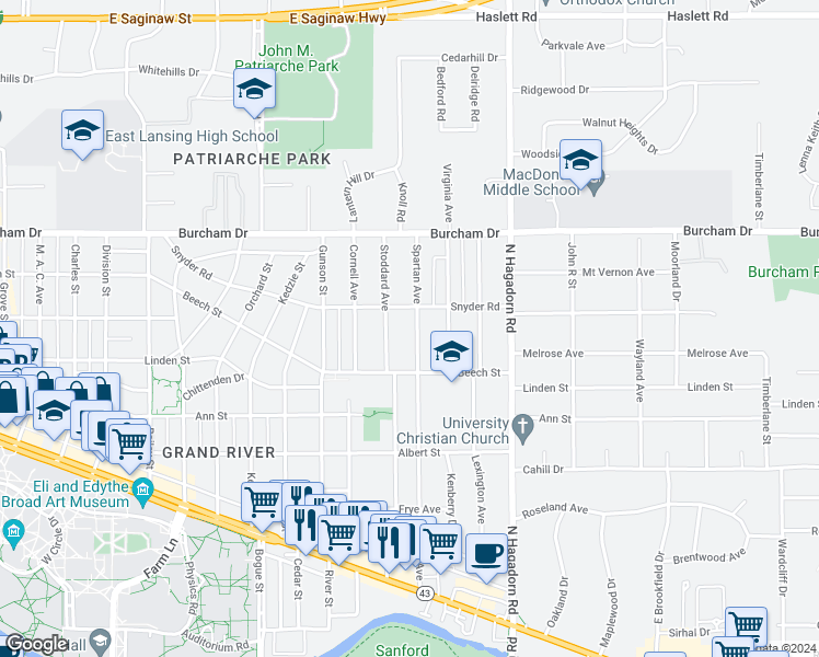 map of restaurants, bars, coffee shops, grocery stores, and more near 569 Spartan Avenue in East Lansing
