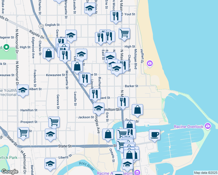 map of restaurants, bars, coffee shops, grocery stores, and more near 1337 Erie Street in Racine