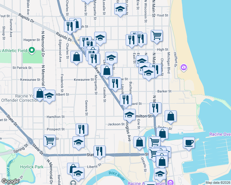 map of restaurants, bars, coffee shops, grocery stores, and more near 1407 Superior Street in Racine