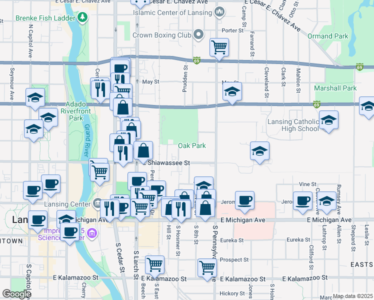 map of restaurants, bars, coffee shops, grocery stores, and more near 824 East Genesee Street in Lansing