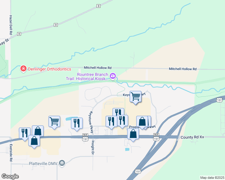 map of restaurants, bars, coffee shops, grocery stores, and more near 1700 Cornerstone Circle in Platteville