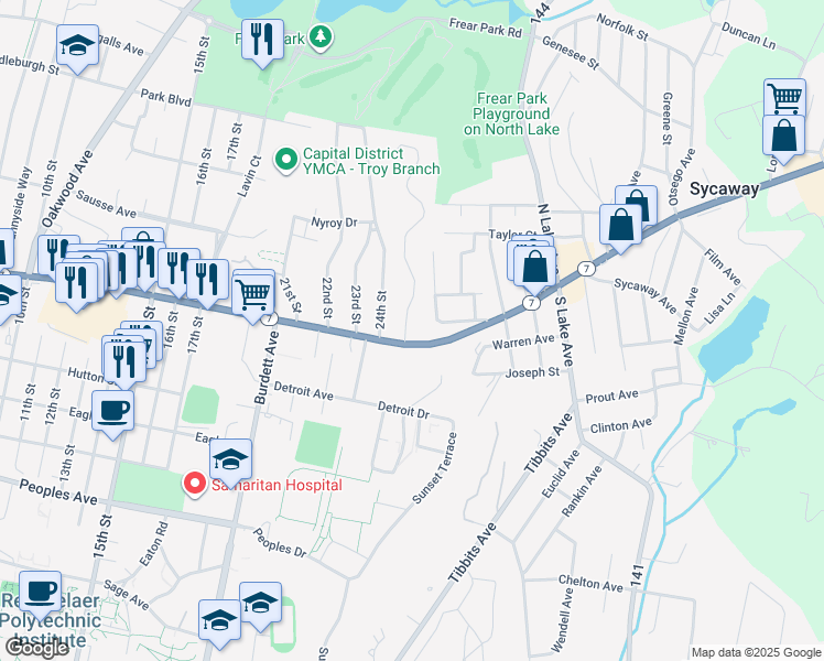 map of restaurants, bars, coffee shops, grocery stores, and more near 327 Hoosick Street in Troy