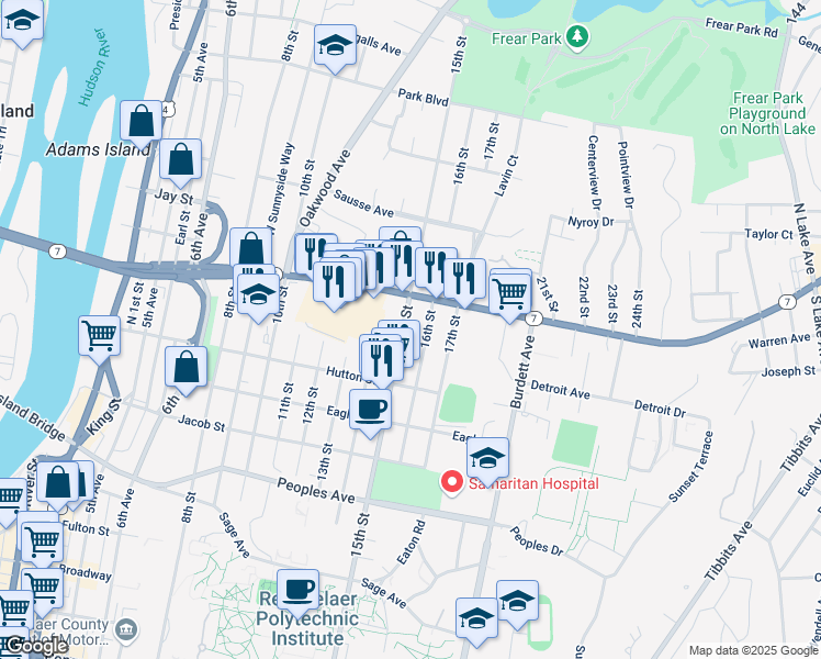 map of restaurants, bars, coffee shops, grocery stores, and more near 2335 15th Street in Troy