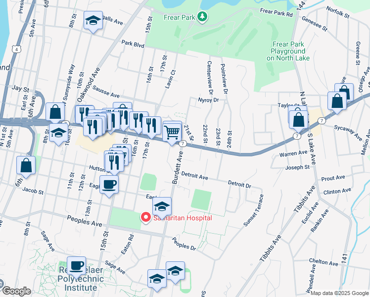 map of restaurants, bars, coffee shops, grocery stores, and more near 272 Hoosick Street in Troy