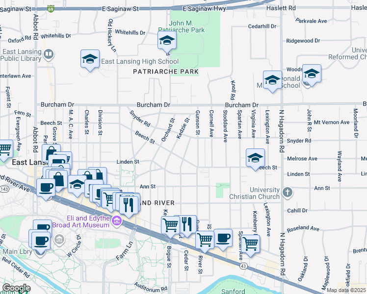 map of restaurants, bars, coffee shops, grocery stores, and more near 523 Durand Street in East Lansing