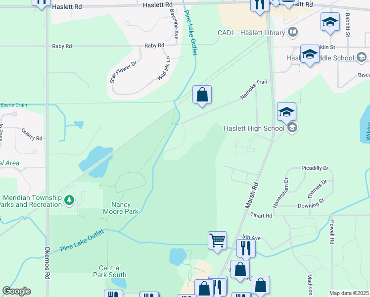map of restaurants, bars, coffee shops, grocery stores, and more near 1805 Nemoke Court in Meridian charter Township