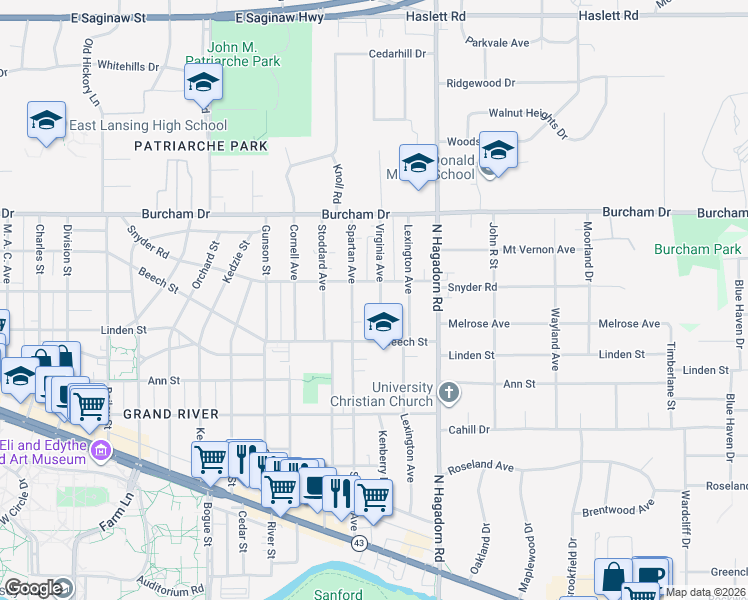 map of restaurants, bars, coffee shops, grocery stores, and more near 569 Virginia Avenue in East Lansing