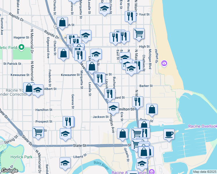 map of restaurants, bars, coffee shops, grocery stores, and more near 1339 Lincoln Street in Racine