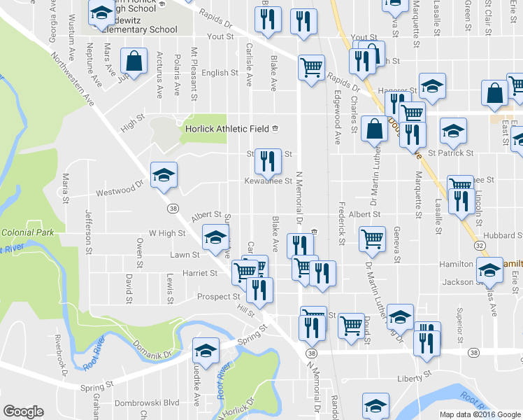 map of restaurants, bars, coffee shops, grocery stores, and more near 1720 Albert Street in Racine