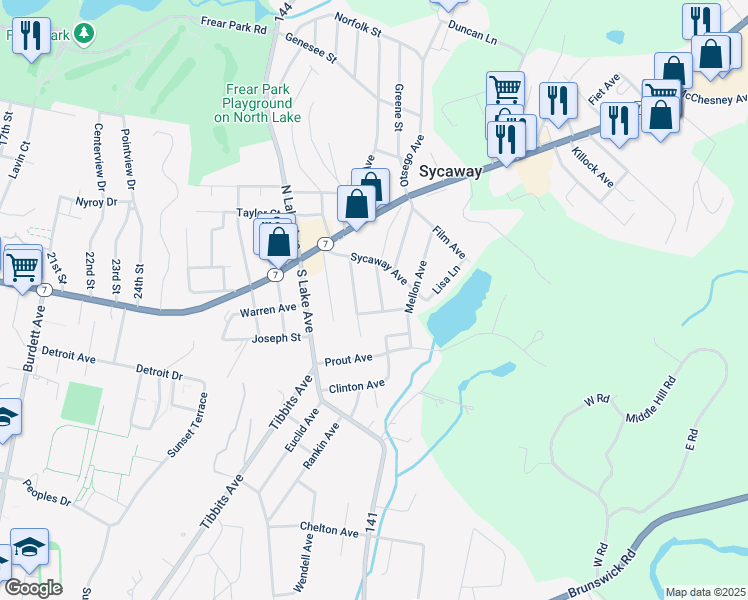 map of restaurants, bars, coffee shops, grocery stores, and more near 19 Horton Avenue in Troy