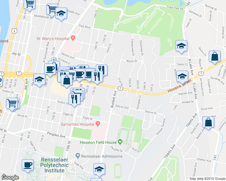 map of restaurants, bars, coffee shops, grocery stores, and more near 2377 Burdett Avenue in Troy
