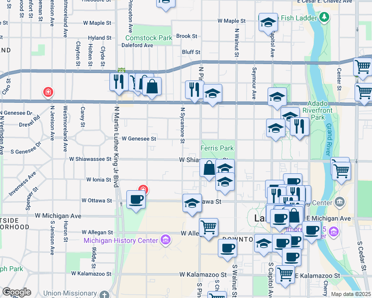map of restaurants, bars, coffee shops, grocery stores, and more near 418 North Sycamore Street in Lansing