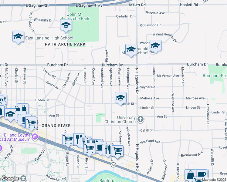 map of restaurants, bars, coffee shops, grocery stores, and more near 569 Virginia Avenue in East Lansing
