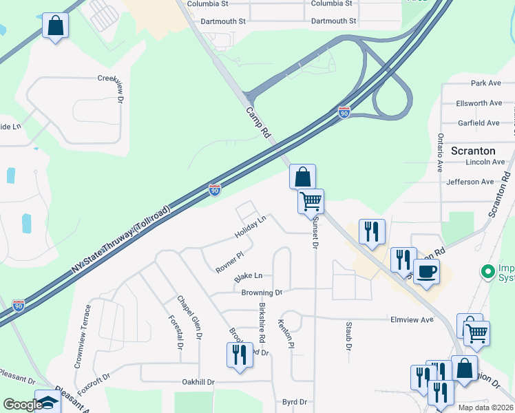 map of restaurants, bars, coffee shops, grocery stores, and more near 121 Holiday Lane in Hamburg