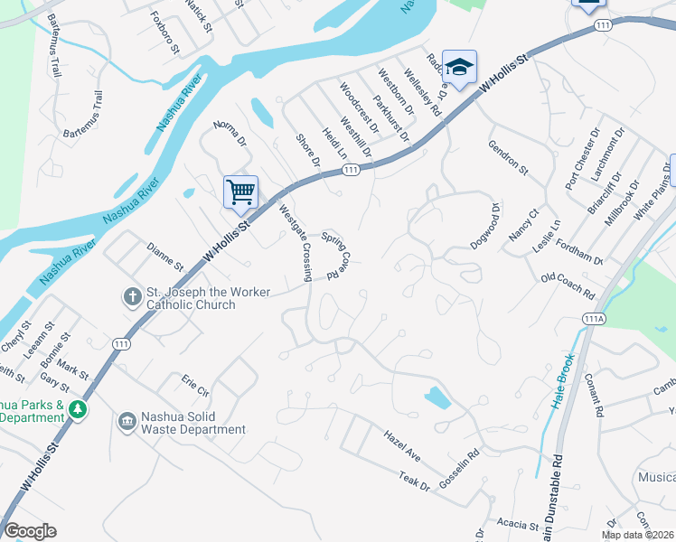 map of restaurants, bars, coffee shops, grocery stores, and more near 24 Spring Cove Road in Nashua