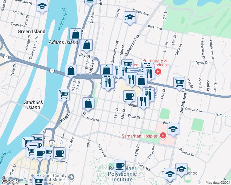 map of restaurants, bars, coffee shops, grocery stores, and more near 262 10th St in Troy