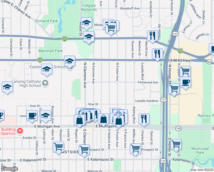 map of restaurants, bars, coffee shops, grocery stores, and more near 425 North Hayford Avenue in Lansing