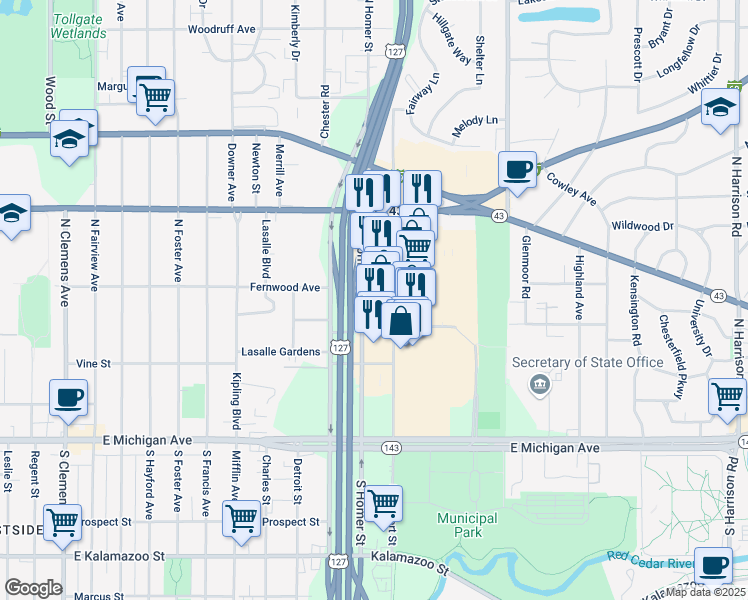 map of restaurants, bars, coffee shops, grocery stores, and more near 443-499 N Clippert St in Lansing
