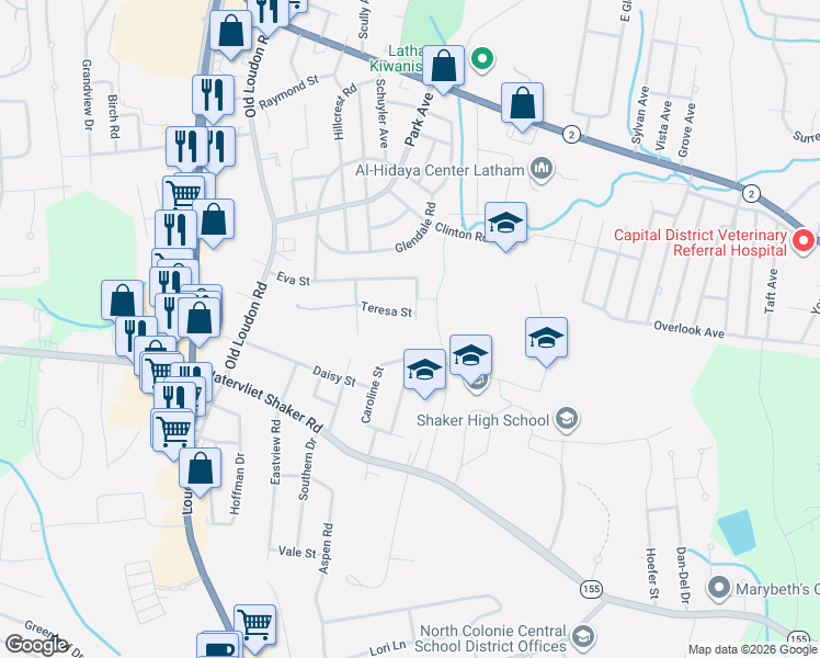 map of restaurants, bars, coffee shops, grocery stores, and more near 17 Teresa Street in Latham