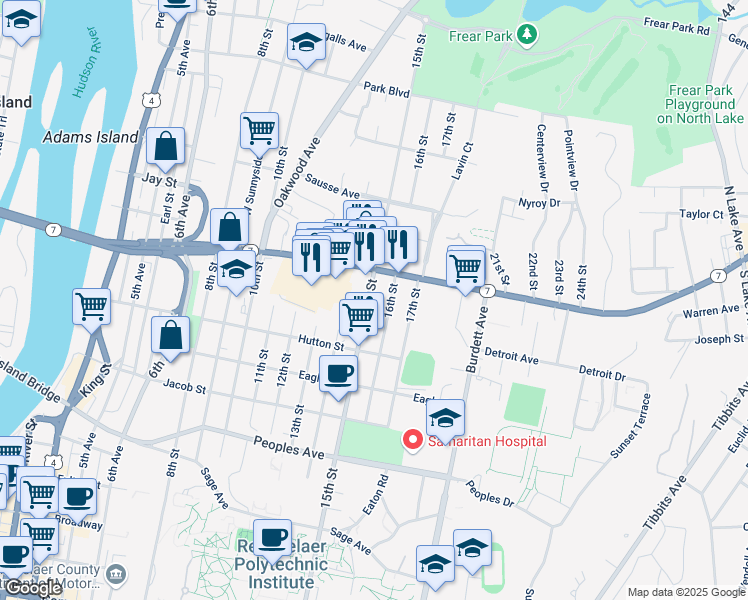 map of restaurants, bars, coffee shops, grocery stores, and more near 2335 15th Street in Troy