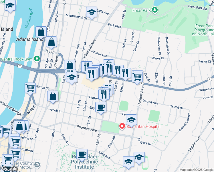 map of restaurants, bars, coffee shops, grocery stores, and more near 2335 15th Street in Troy
