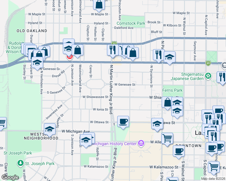 map of restaurants, bars, coffee shops, grocery stores, and more near 420 North Martin Luther King Junior Boulevard in Lansing