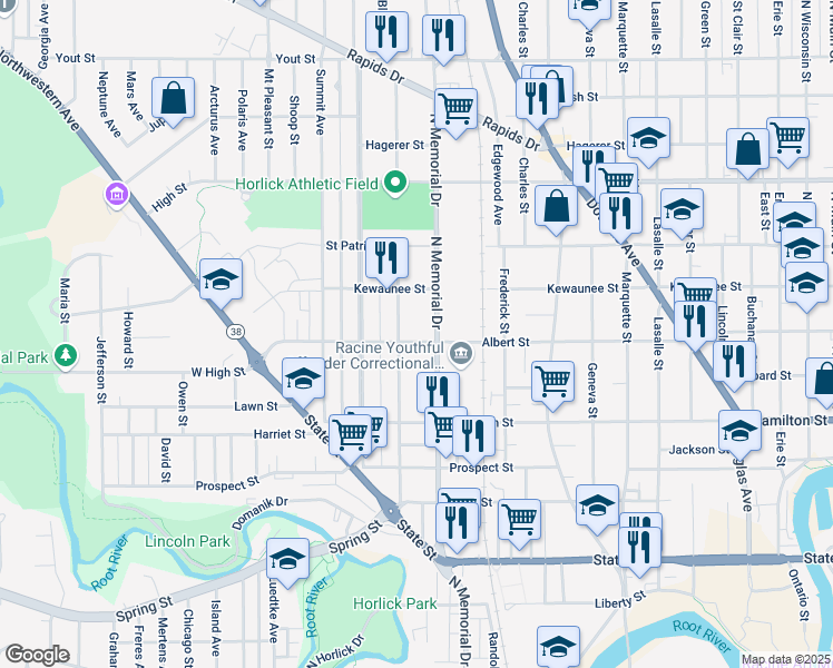 map of restaurants, bars, coffee shops, grocery stores, and more near 1618 Albert Street in Racine