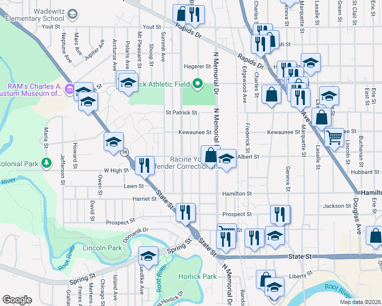 map of restaurants, bars, coffee shops, grocery stores, and more near 1720 Albert Street in Racine