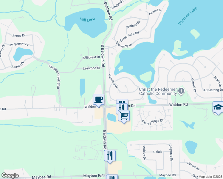 map of restaurants, bars, coffee shops, grocery stores, and more near 2800 Walmsley Circle in Orion charter Township