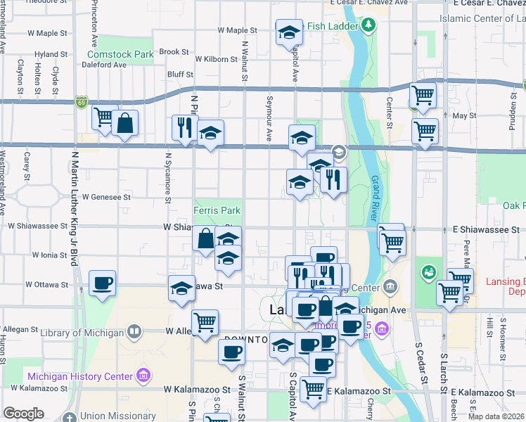 map of restaurants, bars, coffee shops, grocery stores, and more near 421 Seymour Avenue in Lansing