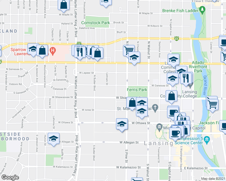 map of restaurants, bars, coffee shops, grocery stores, and more near 423 North Sycamore Street in Lansing