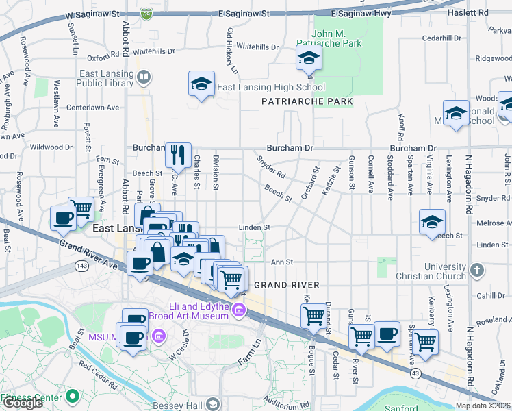 map of restaurants, bars, coffee shops, grocery stores, and more near 439 Collingwood Drive in East Lansing