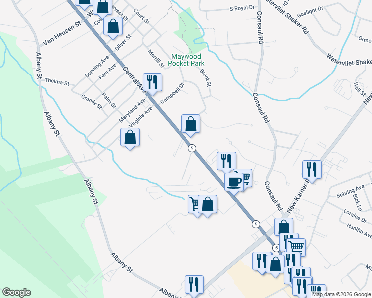 map of restaurants, bars, coffee shops, grocery stores, and more near 1946 Central Avenue in Albany
